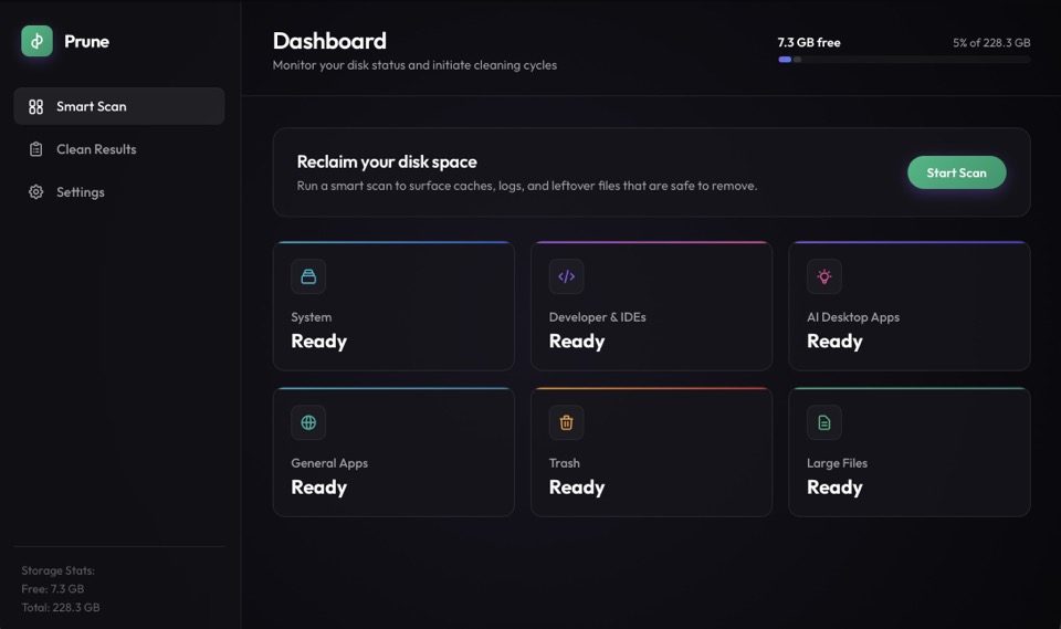 Prune dashboard with six ready-to-scan categories: System, Developer & IDEs, AI Desktop Apps, General Apps, Trash, and Large Files.