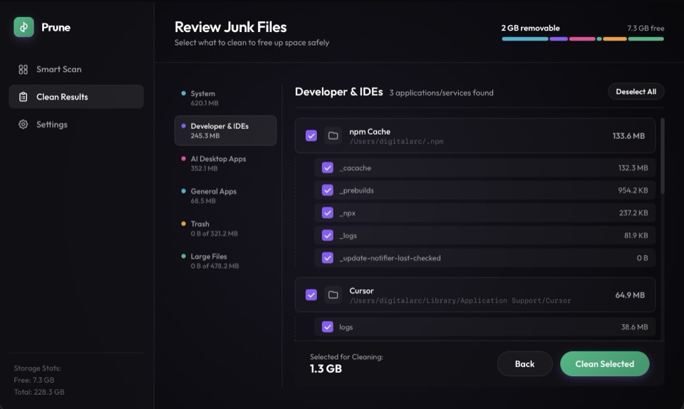 Prune's file review screen listing individual cache folders and files with checkboxes, ready to select for cleaning.