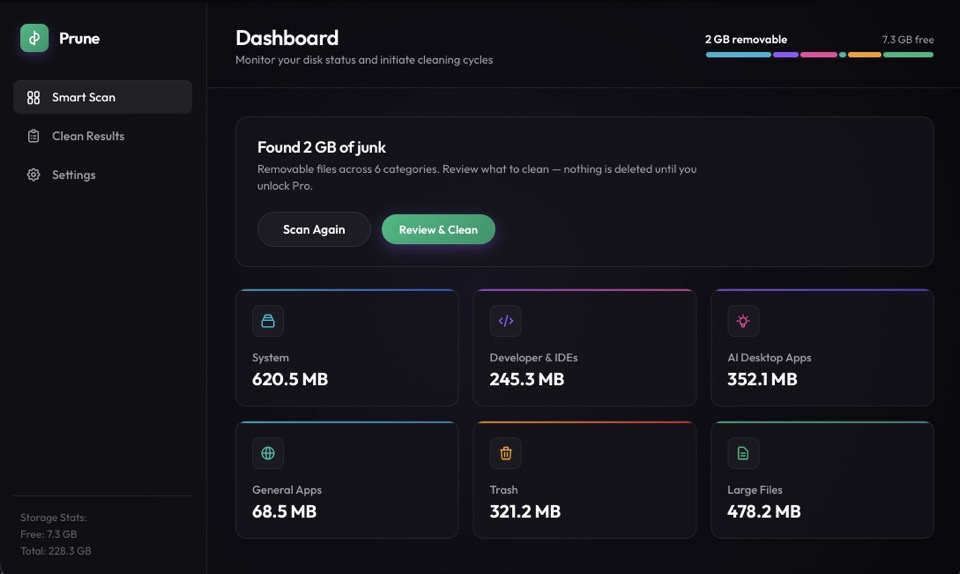 Prune scan results showing 2 GB of junk found, broken down by category with exact sizes for System, Developer & IDEs, AI Desktop Apps, and more.