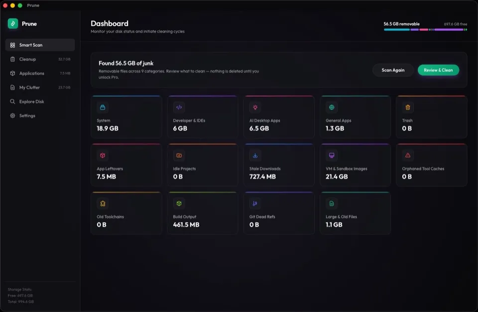 Prune scan results showing reclaimable AI and developer caches